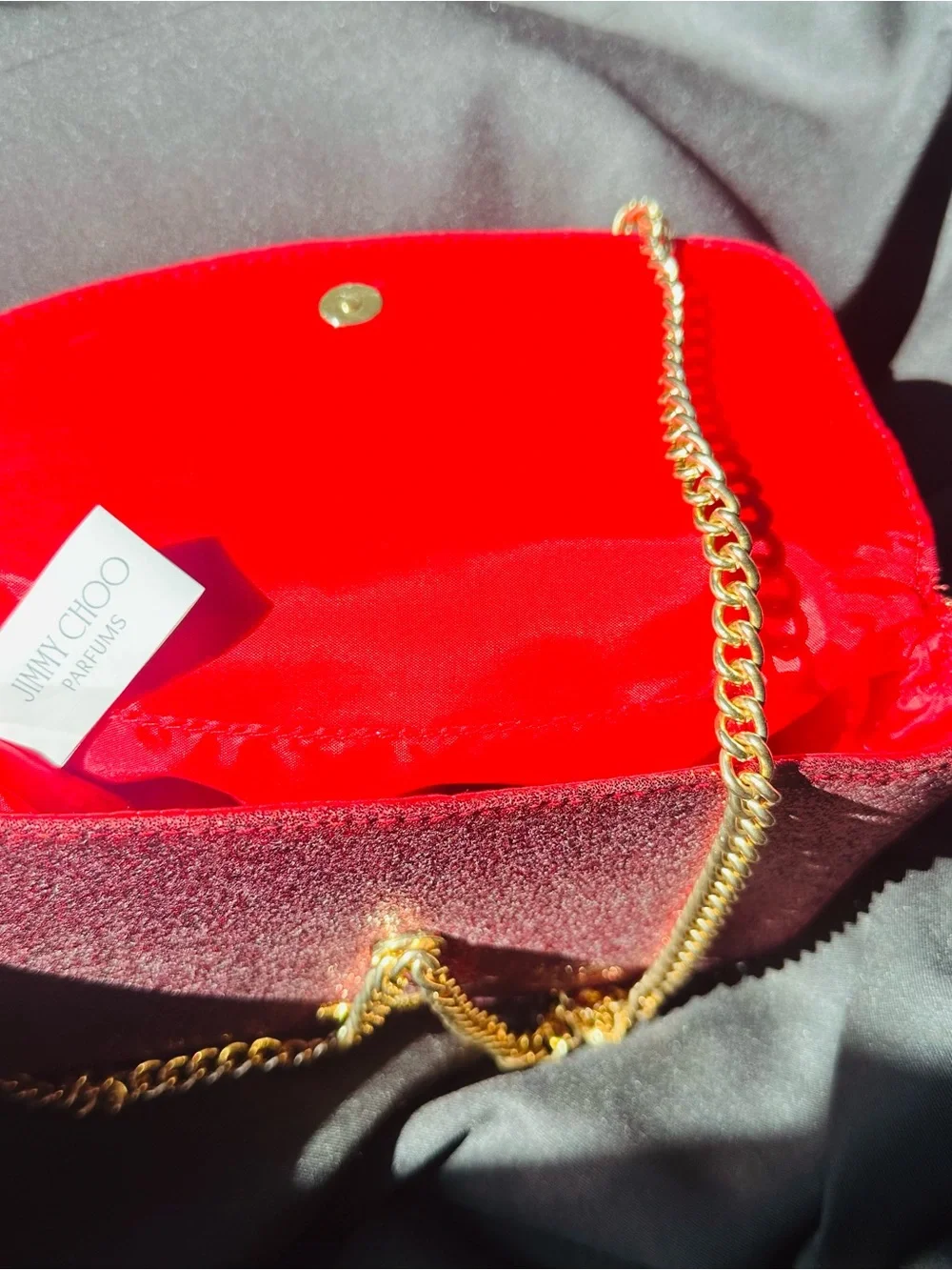 Jimmy Choo Red Glitter Crossbody with Gold Chain Strap